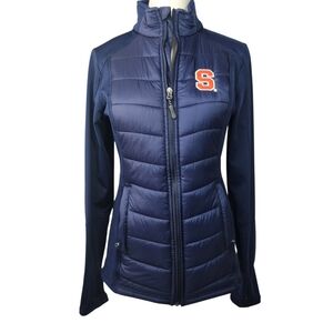 Women's Navy Puffer Jacket with Orange Logo